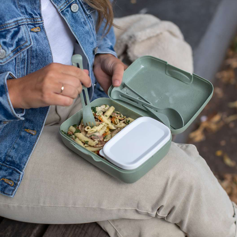 Lunch box set PASCAL READY, with travel cutlery set, organic green, Koziol  